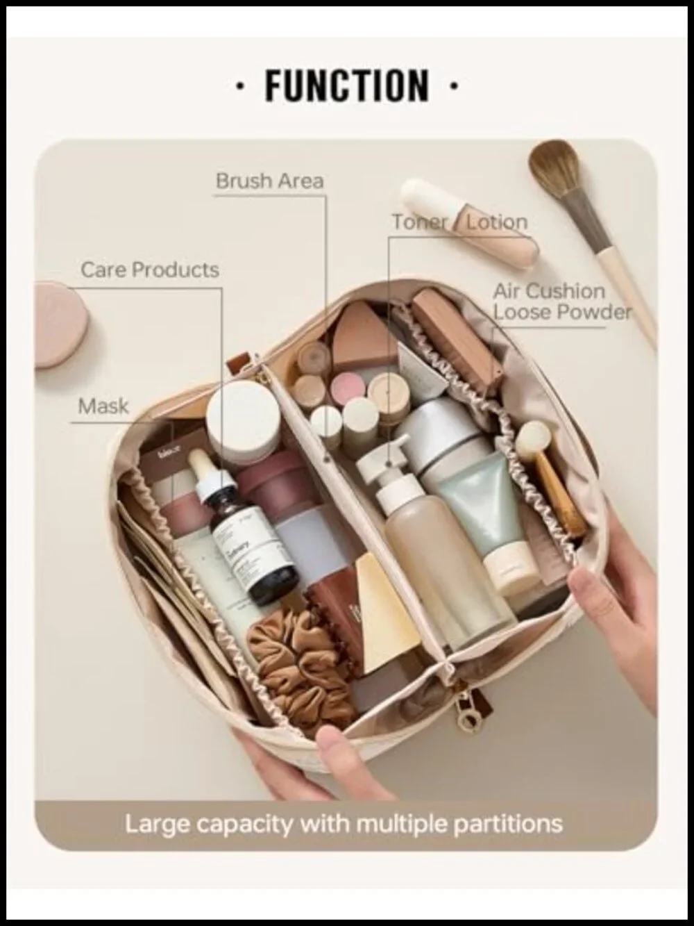 Large Capacity Waterproof Cosmetic Bag with Brush Pocket